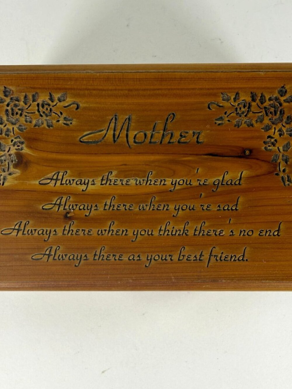 Mother’s Cedar Keepsake Box Wood Engraved Lid Floral Poem Brass Latch Vintage